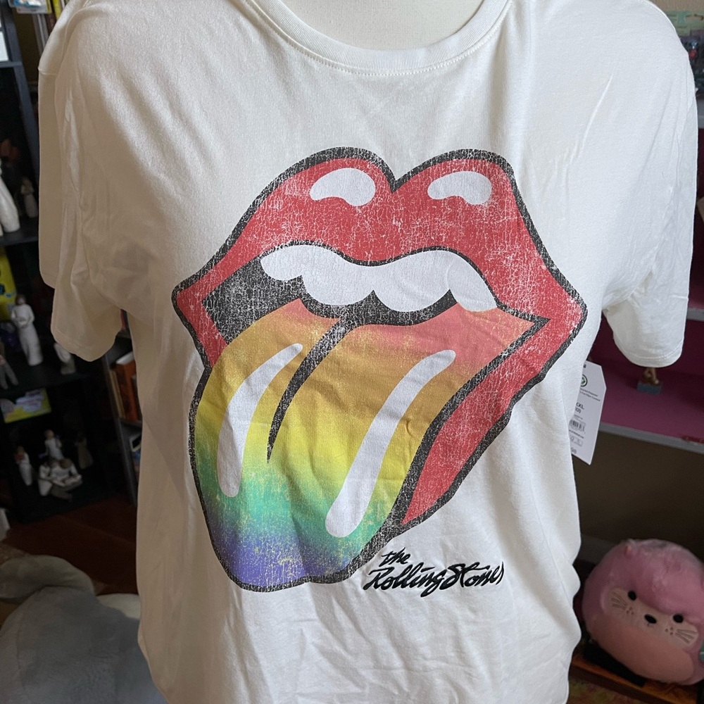 The Rolling Stones White Tee with Rainbow Tongue Graphic